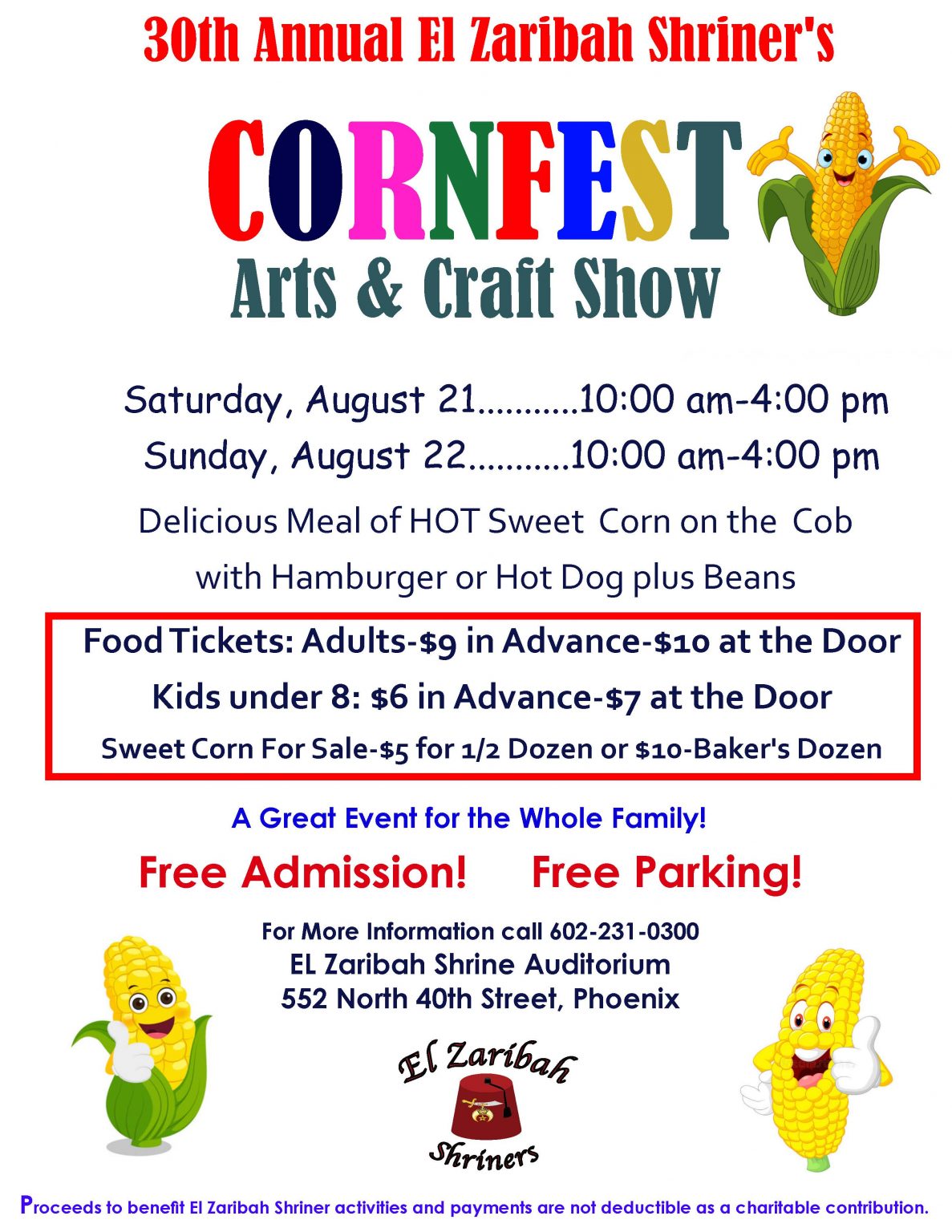 30th Annual El Zaribah Shriner's CornFest Arts & Craft Show Kids Out